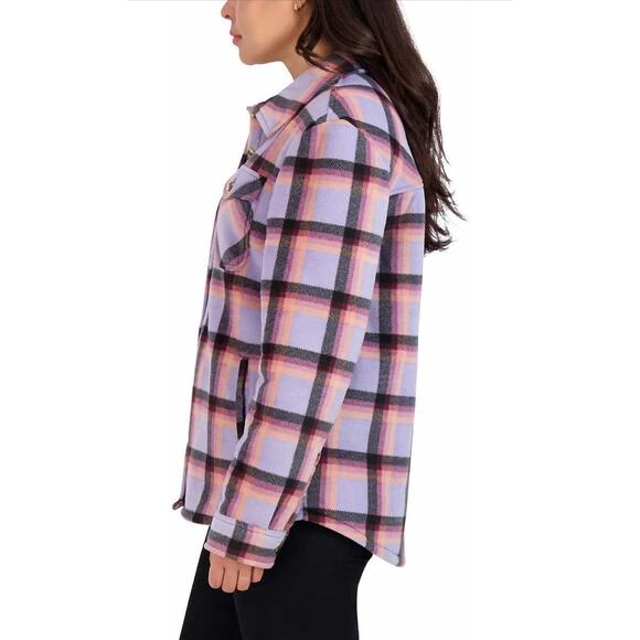 Women's Long Sleeve Plaid Super Plush Sherpa Lined Fleece Shirt Jacket - Picture 2 of 13